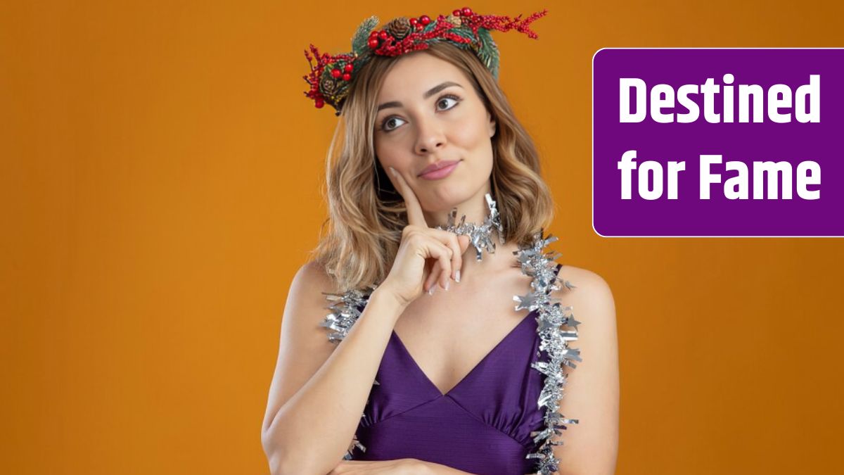 Impressed young beautiful girl wearing purple dress with wreath putting finger on cheek isolated on brown.