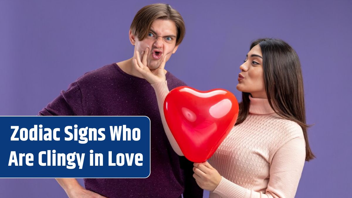 Young couple on valentines day pleased girl holding heart balloon grabbed guy chin isolated on blue background.